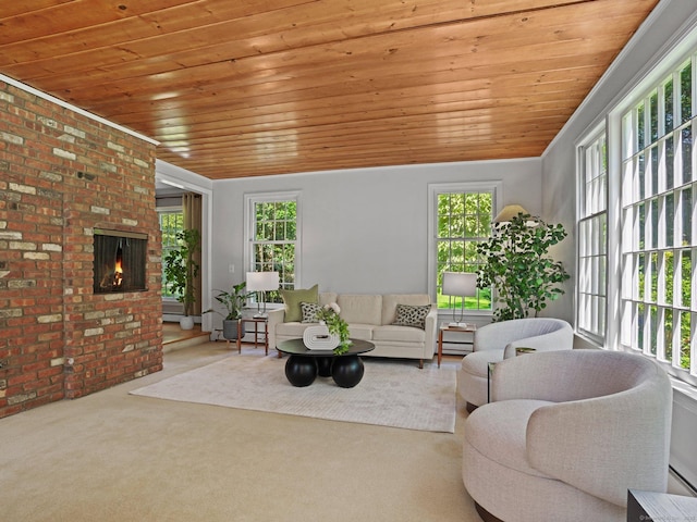5 September Ln, Weston, CT 06883 - living area featuring wood ceiling, carpet flooring, baseboard heating, a baseboard radiator, and brick wall