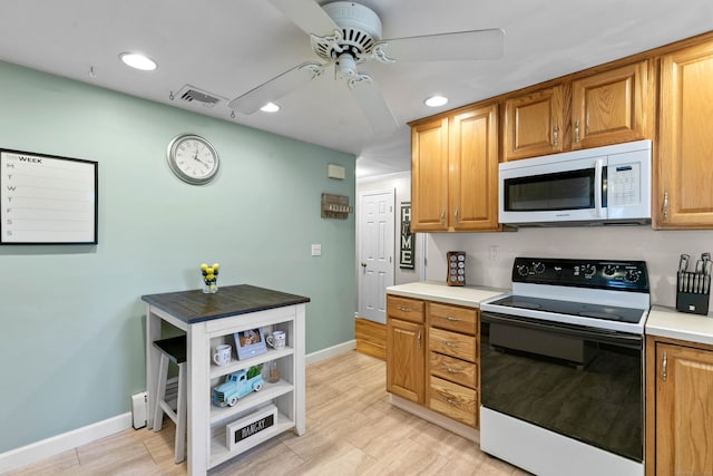 50 Carroll Rd, Hamden, CT 06517 - kitchen with white appliances, ceiling fan, recessed lighting, open shelves, and light countertops