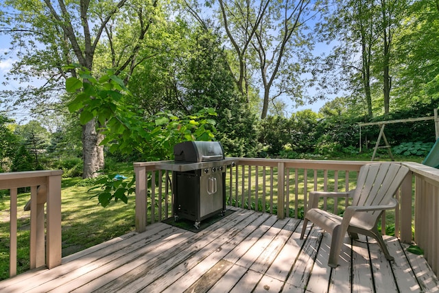 50 Carroll Rd, Hamden, CT 06517 - wooden terrace featuring a grill, view of scattered trees, and a yard