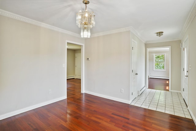 1198 New Haven Ave, Milford, CT 06460 - spare room featuring baseboard heating, wood finished floors, a chandelier, a baseboard radiator, and crown molding