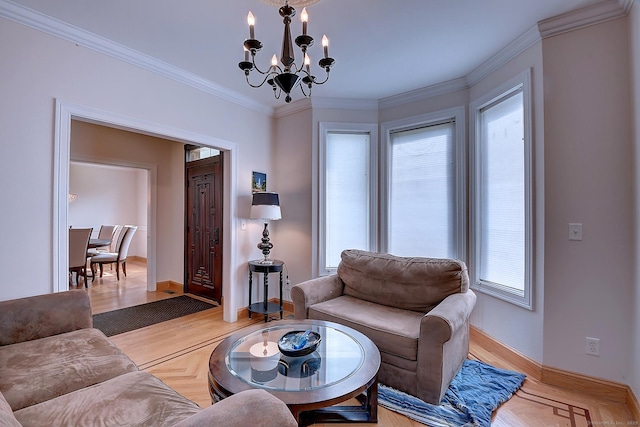 125 Waverly Dr, Newington, CT 06111 - living room featuring a chandelier, crown molding, and light wood-style floors