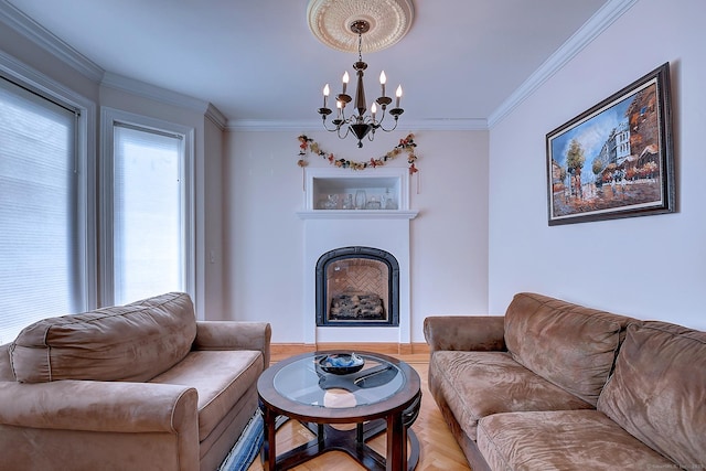 125 Waverly Dr, Newington, CT 06111 - living area featuring a chandelier, a fireplace, crown molding, and light wood-style flooring