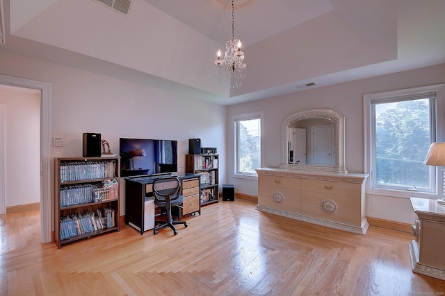 125 Waverly Dr, Newington, CT 06111 - office area featuring a chandelier and a raised ceiling
