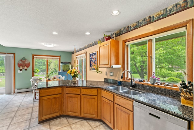 115 Town Farm Rd, East Haddam, CT 06423 - kitchen with stainless steel dishwasher, a baseboard radiator, a textured ceiling, healthy amount of natural light, and recessed lighting