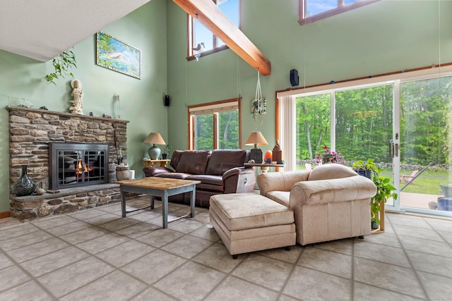 115 Town Farm Rd, East Haddam, CT 06423 - living area with a high ceiling and a stone fireplace