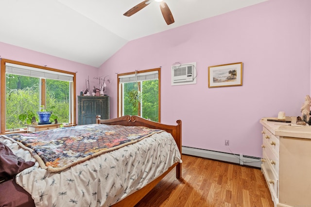 115 Town Farm Rd, East Haddam, CT 06423 - bedroom with baseboard heating, a wall mounted air conditioner, lofted ceiling, light wood-type flooring, and ceiling fan