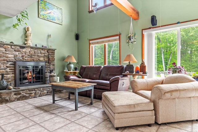 115 Town Farm Rd, East Haddam, CT 06423 - living room featuring a high ceiling, a fireplace, and stone finish floors