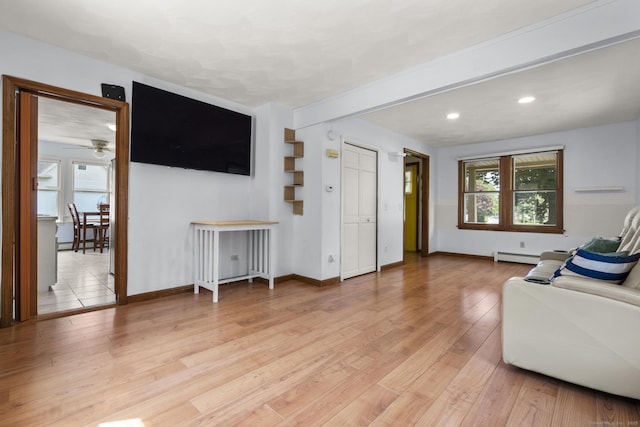 27 Homestead St, Manchester, CT 06042 - living area featuring baseboard heating, light wood-style flooring, a ceiling fan, and recessed lighting
