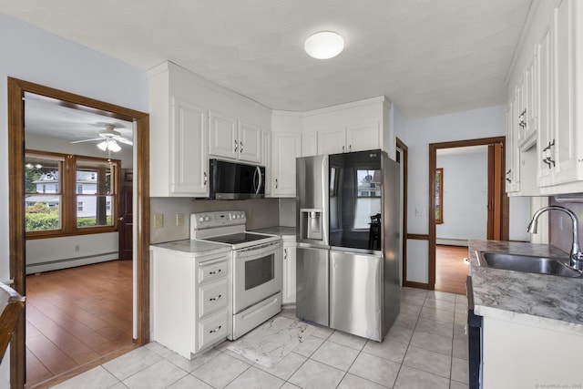 27 Homestead St, Manchester, CT 06042 - kitchen featuring white electric range oven, stainless steel refrigerator with ice dispenser, a baseboard heating unit, white cabinets, and ceiling fan