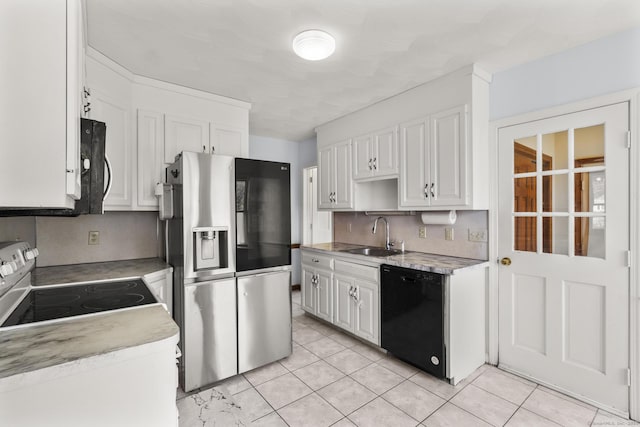 27 Homestead St, Manchester, CT 06042 - kitchen featuring dishwasher, stainless steel fridge with ice dispenser, white electric stove, light tile patterned floors, and white cabinetry