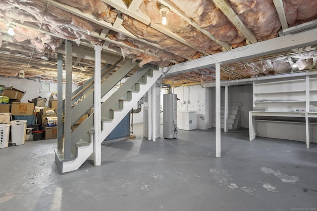 27 Homestead St, Manchester, CT 06042 - unfinished basement with gas water heater, stairs, and independent washer and dryer