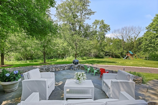 52 Wilton Rd E, Ridgefield, CT 06877 - view of patio with an outdoor hangout area and view of scattered trees