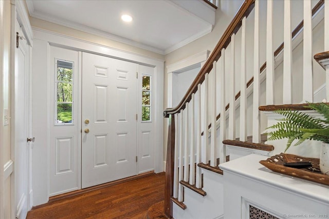 203 Ridgewood Ave, Hamden, CT 06517 - foyer entrance featuring stairs, dark wood-style floors, and crown molding