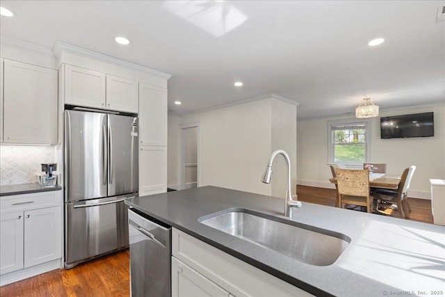 203 Ridgewood Ave, Hamden, CT 06517 - kitchen with stainless steel appliances, dark countertops, recessed lighting, dark wood finished floors, and white cabinetry