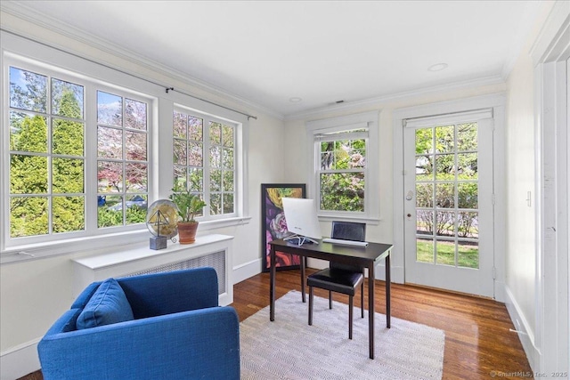 203 Ridgewood Ave, Hamden, CT 06517 - home office featuring wood finished floors, crown molding, and radiator