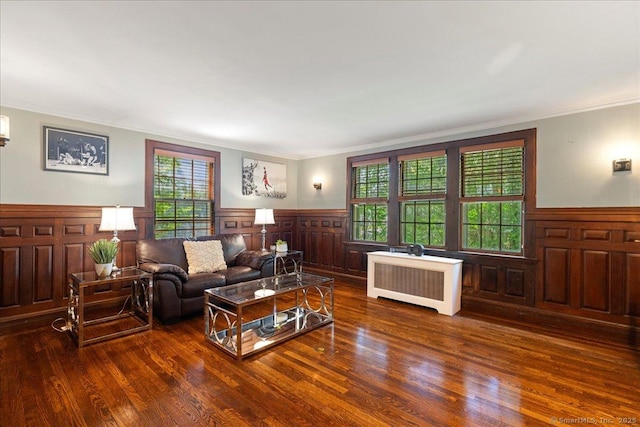 203 Ridgewood Ave, Hamden, CT 06517 - living area featuring radiator heating unit, a wainscoted wall, crown molding, and wood finished floors