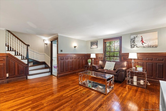203 Ridgewood Ave, Hamden, CT 06517 - living room with wood finished floors, ornamental molding, a wainscoted wall, and stairs