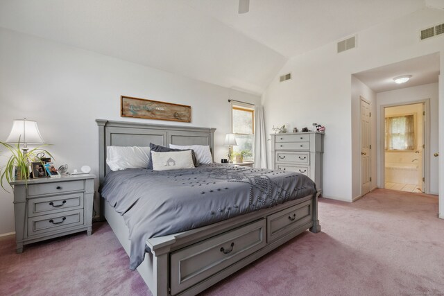 119 NW Dr, Plainville, CT 06062 - bedroom featuring light carpet, lofted ceiling, ensuite bathroom, and a ceiling fan