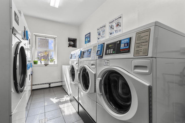140 Grove St Unit 4F, Stamford, CT 06901 - community laundry with baseboard heating, washer and dryer, and light tile patterned floors