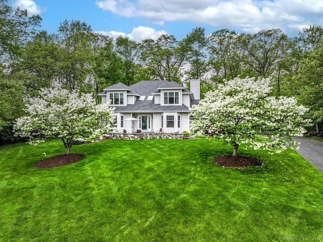 9 Maplewood Dr, Danbury, CT 06811 - shingle-style home featuring a chimney, a front lawn, and a shingled roof