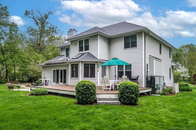 9 Maplewood Dr, Danbury, CT 06811 - back of house with a wooden deck, a chimney, a lawn, and a fire pit