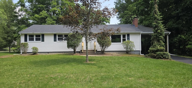 159 Windsorville Rd, South Windsor, CT 06074 - ranch-style house with entry steps, a chimney, a front lawn, and a shingled roof