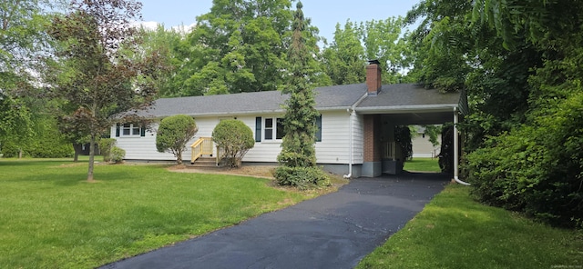 159 Windsorville Rd, South Windsor, CT 06074 - ranch-style house featuring asphalt driveway, a carport, a chimney, and a front yard
