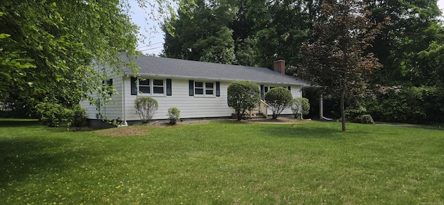 159 Windsorville Rd, South Windsor, CT 06074 - ranch-style house with entry steps, a front lawn, and a chimney