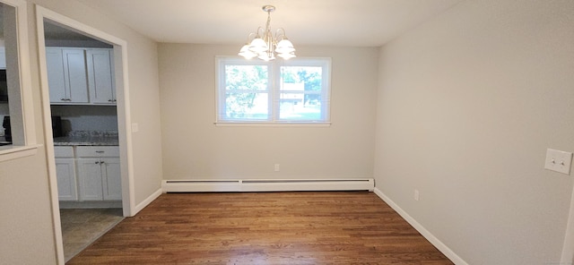 159 Windsorville Rd, South Windsor, CT 06074 - unfurnished dining area with a baseboard radiator, a chandelier, and dark wood-type flooring
