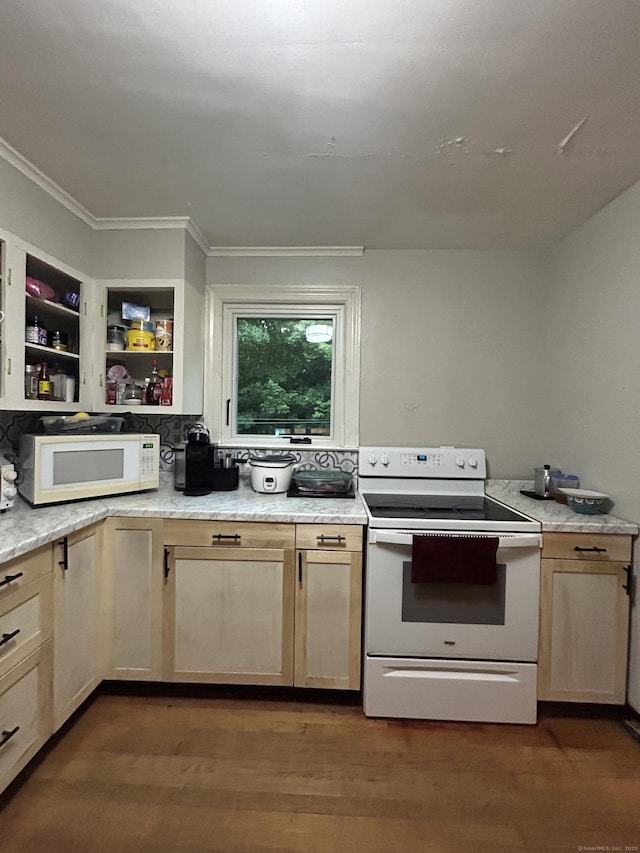 5 Sunnyslope Dr, Middletown, CT 06457 - kitchen featuring white appliances, dark wood-style floors, ornamental molding, open shelves, and light stone counters