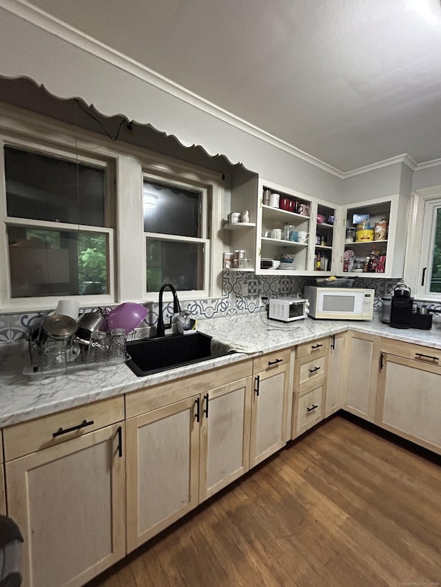 5 Sunnyslope Dr, Middletown, CT 06457 - kitchen featuring white microwave, open shelves, dark wood-style floors, ornamental molding, and light brown cabinets