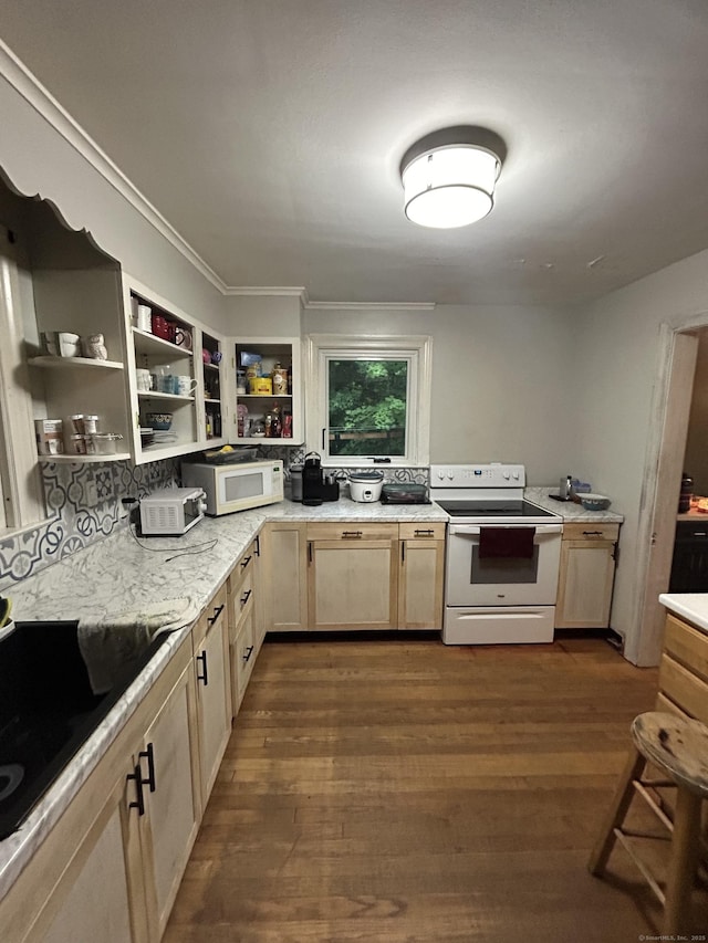 5 Sunnyslope Dr, Middletown, CT 06457 - kitchen with white appliances, open shelves, dark wood-style flooring, light brown cabinets, and ornamental molding