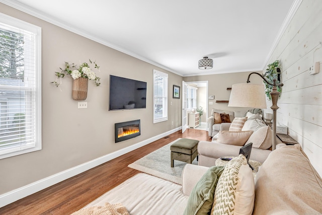 131 Long Hill Cross Rd, Shelton, CT 06484 - living area featuring crown molding, wood finished floors, and a glass covered fireplace