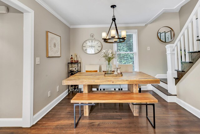 131 Long Hill Cross Rd, Shelton, CT 06484 - dining space featuring ornamental molding, dark wood finished floors, a chandelier, and stairs