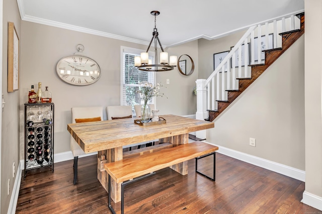 131 Long Hill Cross Rd, Shelton, CT 06484 - dining space featuring a chandelier, stairs, dark wood-type flooring, and crown molding