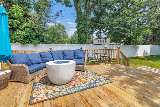 131 Long Hill Cross Rd, Shelton, CT 06484 - wooden terrace with an outdoor living space with a fire pit and a fenced backyard
