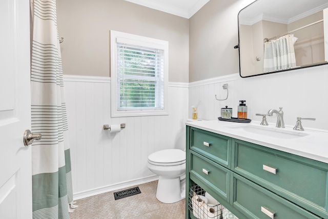 131 Long Hill Cross Rd, Shelton, CT 06484 - full bathroom with wainscoting, vanity, crown molding, tile patterned flooring, and a shower with shower curtain