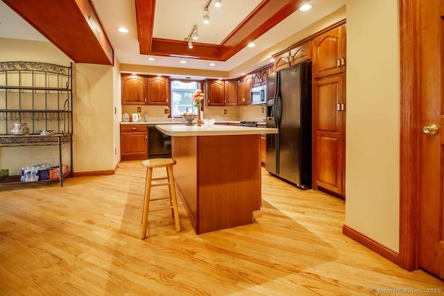 23 Church St, Plainville, CT 06062 - kitchen with appliances with stainless steel finishes, light countertops, a center island, light wood finished floors, and a raised ceiling