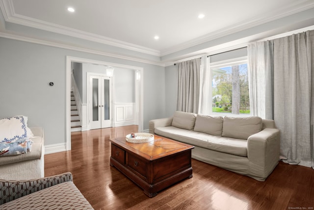 24 Appletree Ln, Norwalk, CT 06850 - living area featuring wood finished floors, ornamental molding, stairway, and recessed lighting