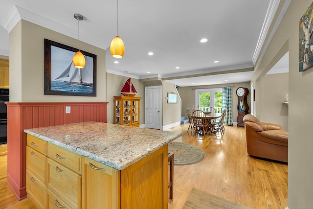 128 Holcomb Hill Rd, New Hartford, CT 06057 - kitchen featuring open floor plan, crown molding, light wood-style floors, recessed lighting, and light stone countertops