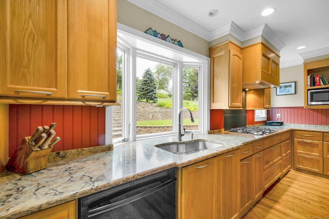 128 Holcomb Hill Rd, New Hartford, CT 06057 - kitchen featuring stainless steel appliances, light stone counters, crown molding, light wood-style floors, and a wainscoted wall