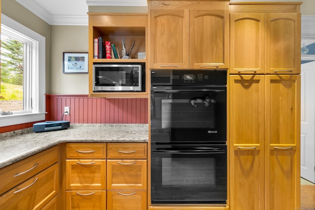 128 Holcomb Hill Rd, New Hartford, CT 06057 - kitchen featuring stainless steel microwave, a wainscoted wall, light stone counters, crown molding, and open shelves