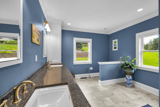 128 Holcomb Hill Rd, New Hartford, CT 06057 - bathroom featuring crown molding, double vanity, and recessed lighting