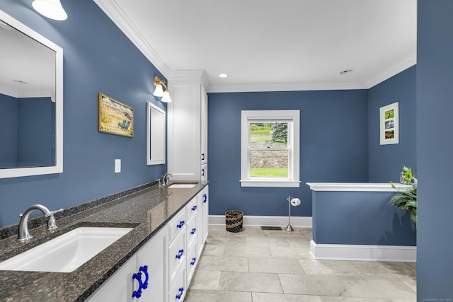 128 Holcomb Hill Rd, New Hartford, CT 06057 - full bathroom featuring ornamental molding, double vanity, and recessed lighting
