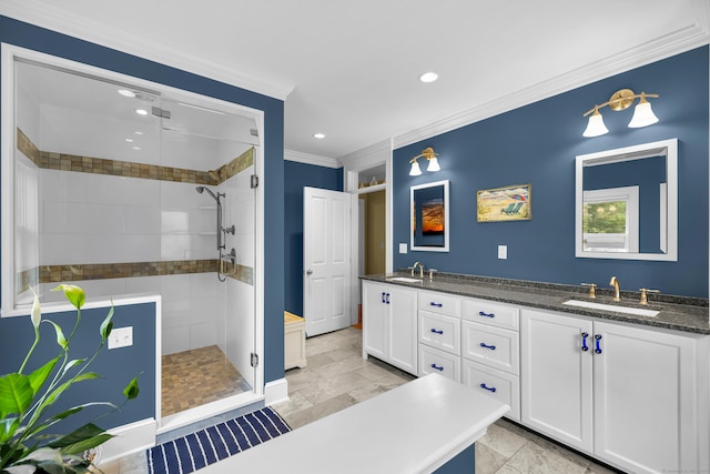 128 Holcomb Hill Rd, New Hartford, CT 06057 - bathroom featuring tiled shower, crown molding, double vanity, and recessed lighting