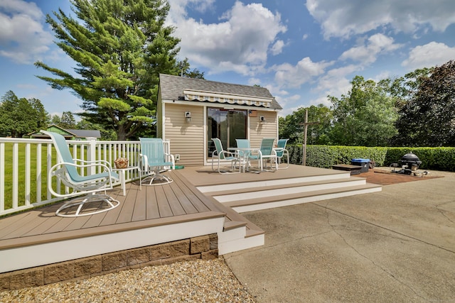 128 Holcomb Hill Rd, New Hartford, CT 06057 - deck with outdoor dining space, an outbuilding, and a patio