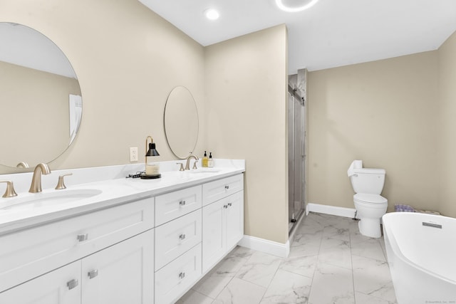24 Main St, East Hampton, CT 06424 - full bath with marble finish flooring, double vanity, a freestanding bath, and a stall shower