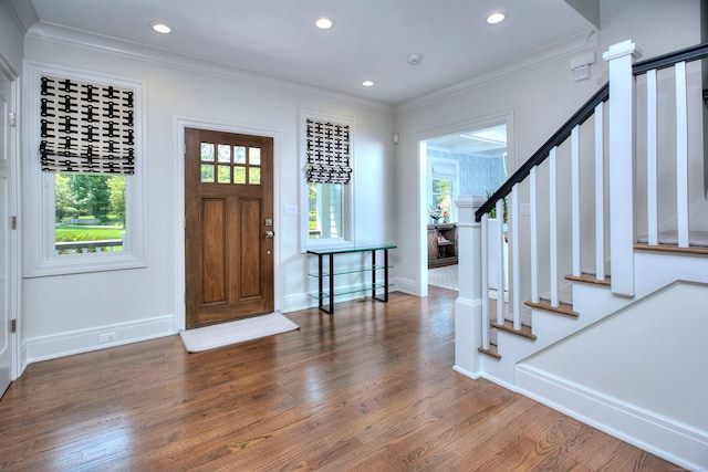 16 Gault Park Dr, Westport, CT 06880 - foyer entrance featuring stairway, wood finished floors, recessed lighting, and ornamental molding