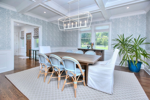 16 Gault Park Dr, Westport, CT 06880 - dining area with coffered ceiling, a chandelier, beamed ceiling, wainscoting, and wood finished floors
