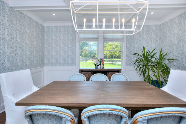 16 Gault Park Dr, Westport, CT 06880 - dining room with crown molding, wallpapered walls, wainscoting, a decorative wall, and a chandelier